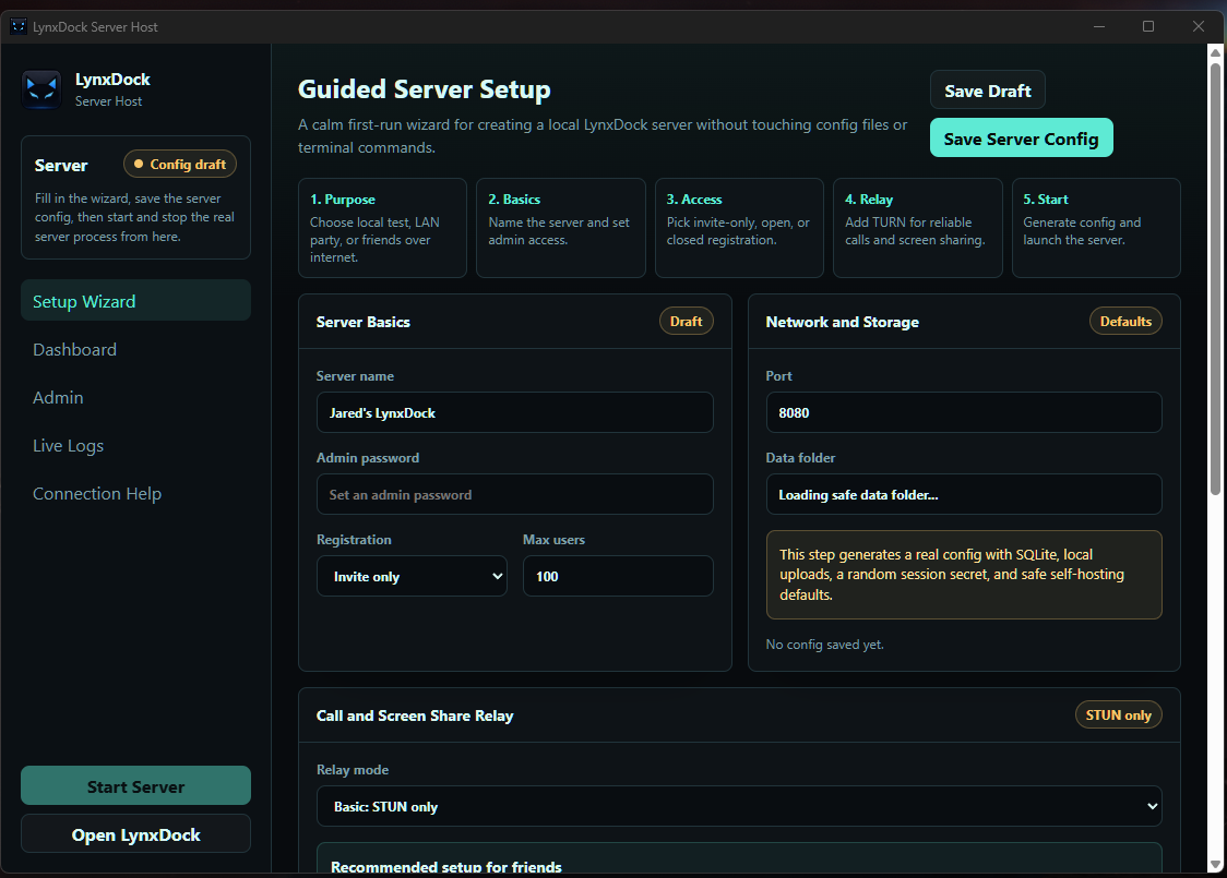 LynxDock Guided Server Setup wizard with server basics, network, and storage settings