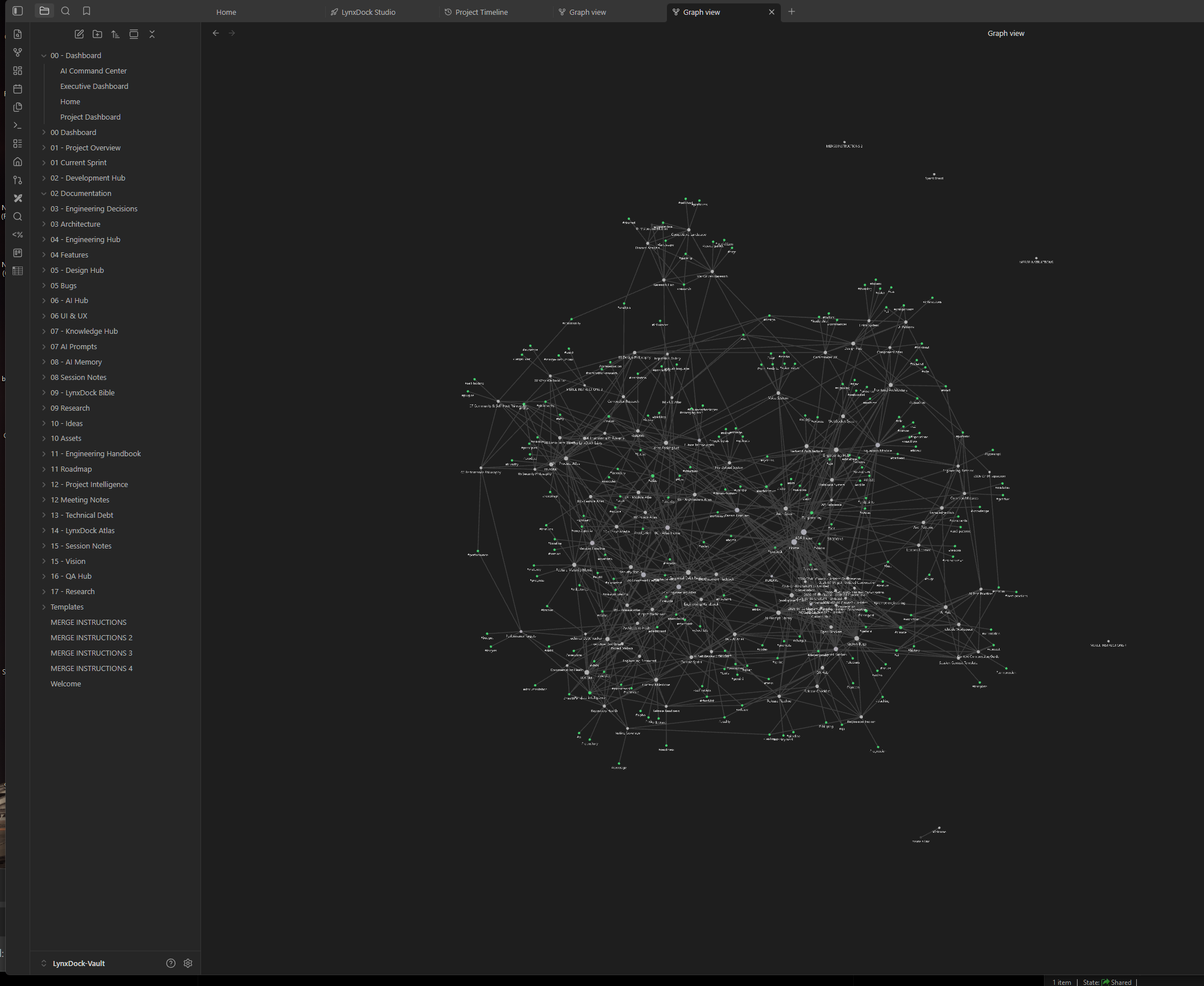 LynxDock Studio knowledge graph view showing hundreds of linked notes across dashboards, engineering, research, and documentation