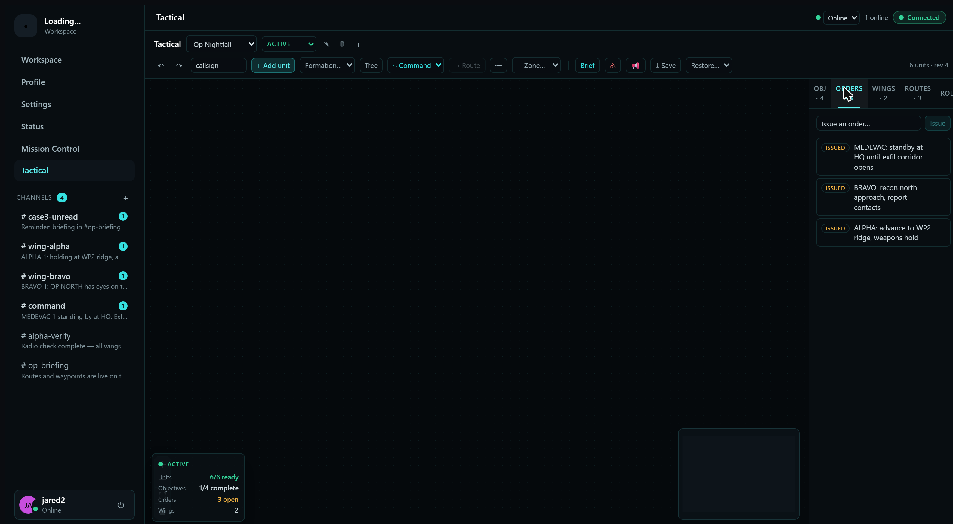 The same operation with the orders panel open — issued orders beside the live board