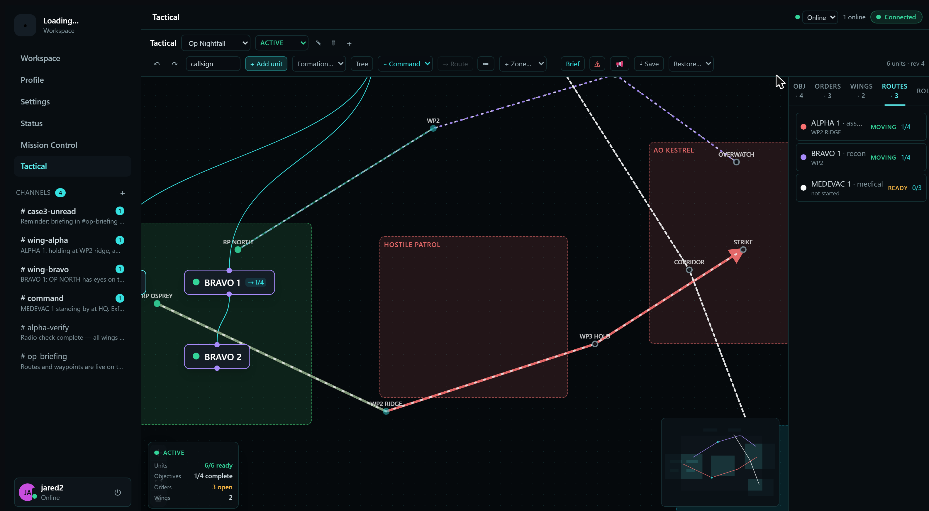 Operation routes up close — named waypoints, live progress, and the commander's route rollup panel