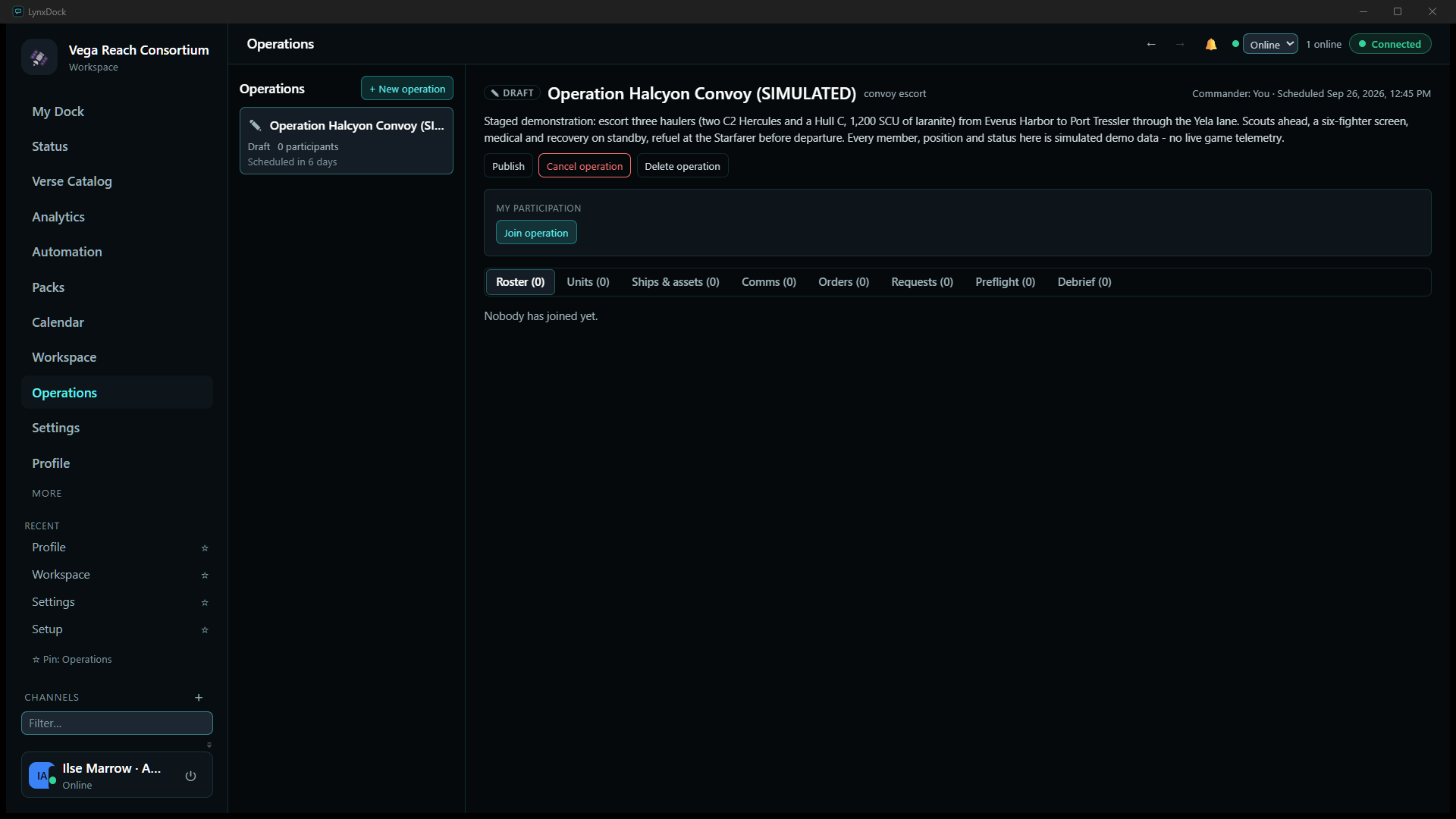 The created operation in Draft: Publish, Cancel operation and Delete operation buttons, a Join operation button under My participation, and empty tabs