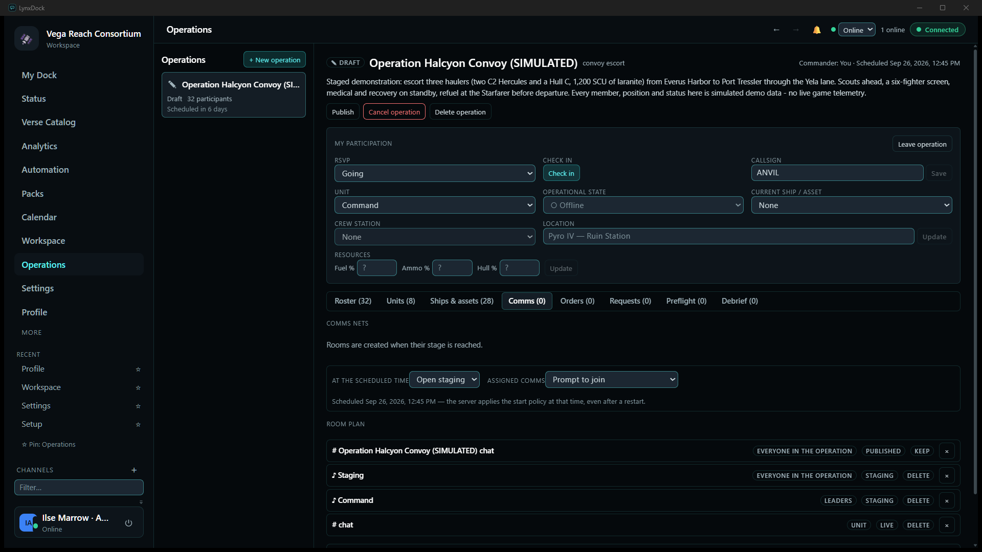 Comms tab of the draft: Rooms are created when their stage is reached, the scheduled-time and assigned-comms policies, and the room plan with a chat for everyone, Staging and Command nets and a per-unit chat