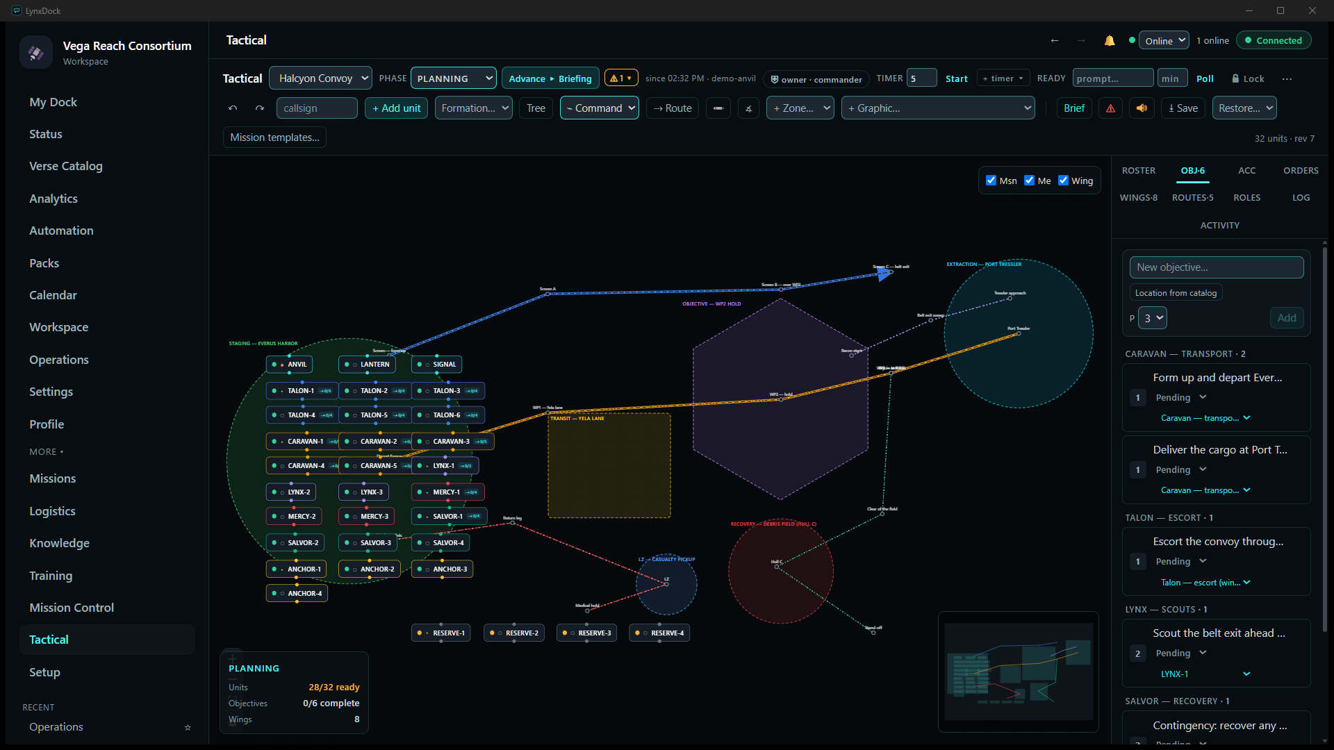 The Tactical board in the Planning phase: 32 unit cards arranged inside a green staging circle at Everus Harbor, the transit rectangle, the hexagonal WP2 objective area, the red debris-field circle, the casualty LZ and the extraction circle at Port Tressler, with blue escort, amber convoy, violet recon, green search and red medical routes; the objectives panel open on the right