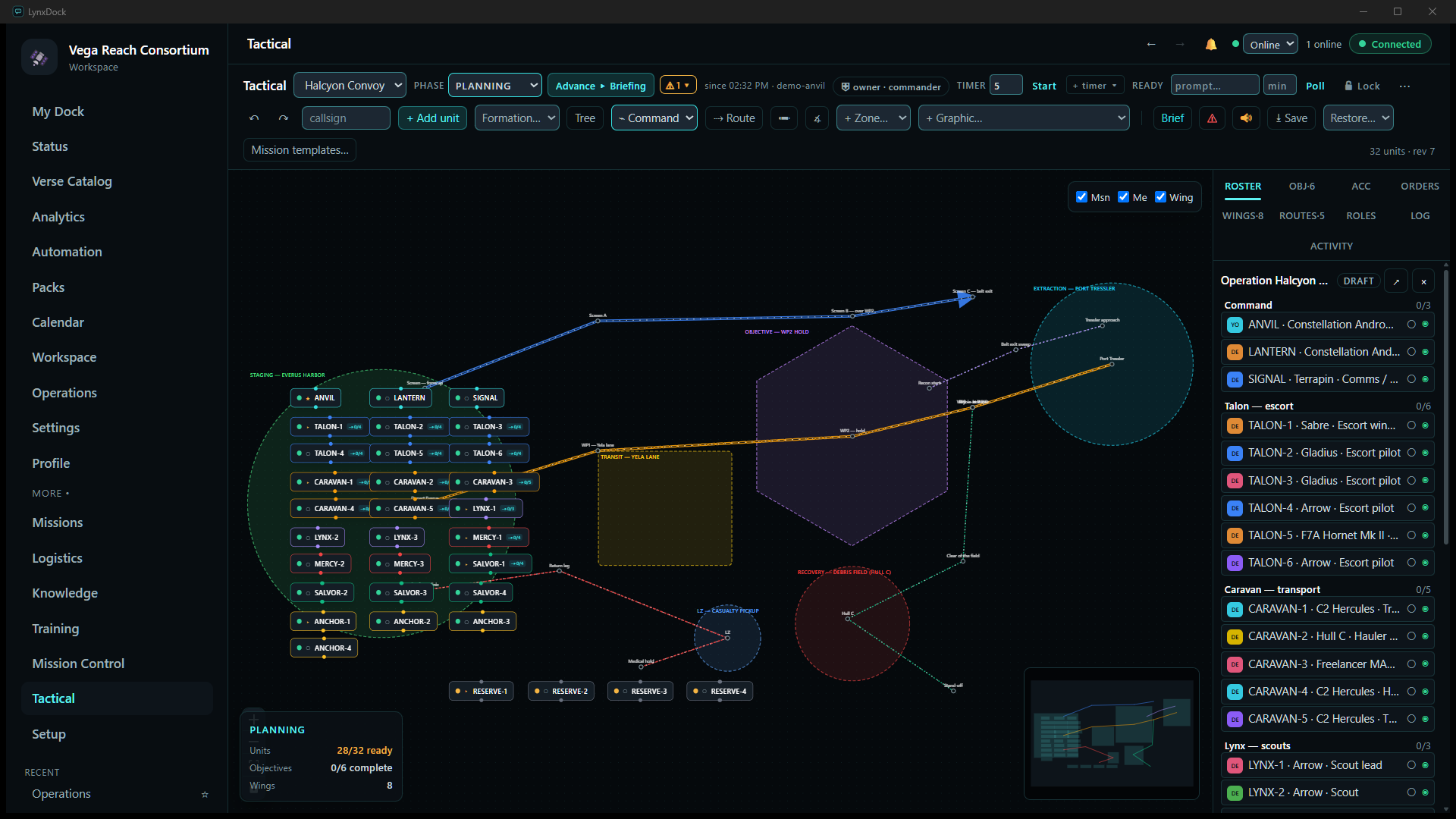 The ROSTER panel after linking: Operation Halcyon… with a DRAFT chip, and units grouped by wing — Command 0/3, Talon — escort 0/6, Caravan — transport 0/5, Lynx — scouts 0/3