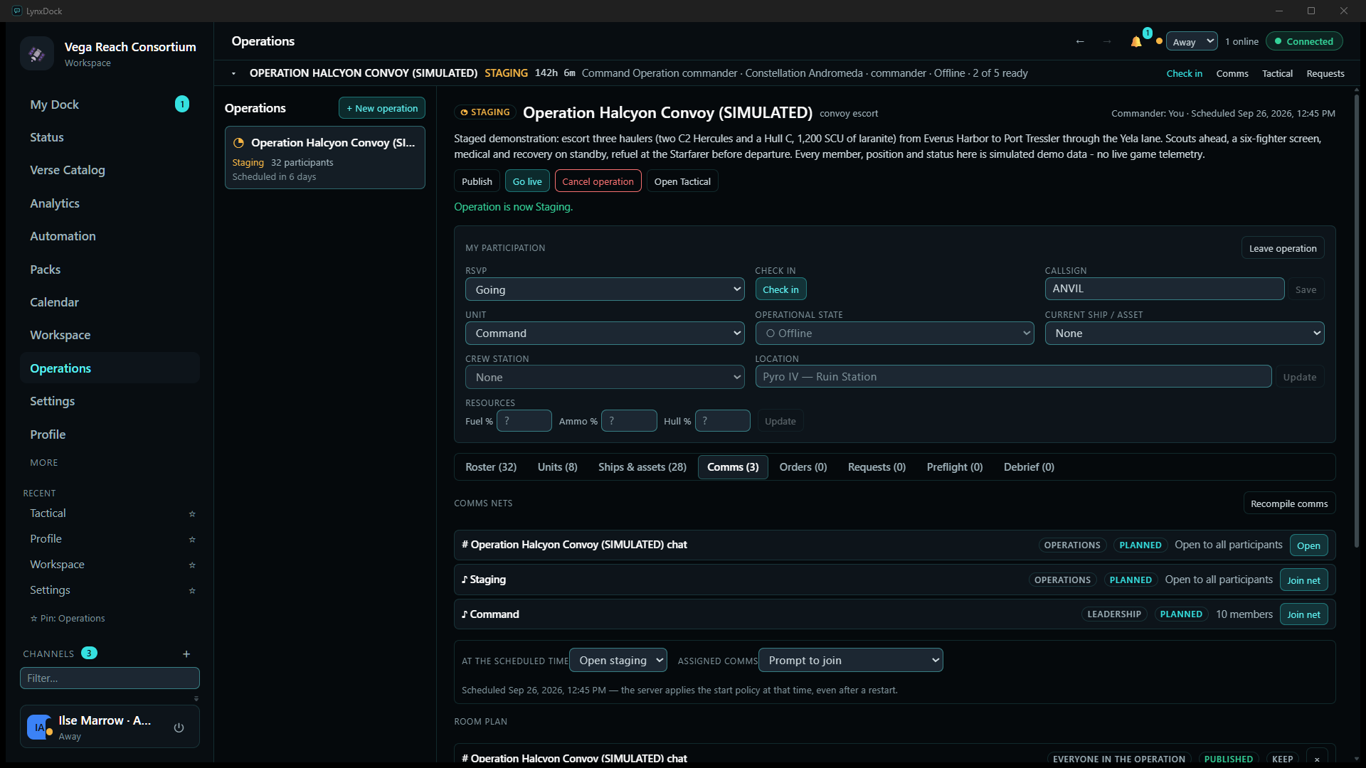 The operation in STAGING with Publish / Go live / Cancel operation / Open Tactical buttons, the persistent operation banner above the page with Check in, Comms, Tactical and Requests links, and the Comms tab showing three nets