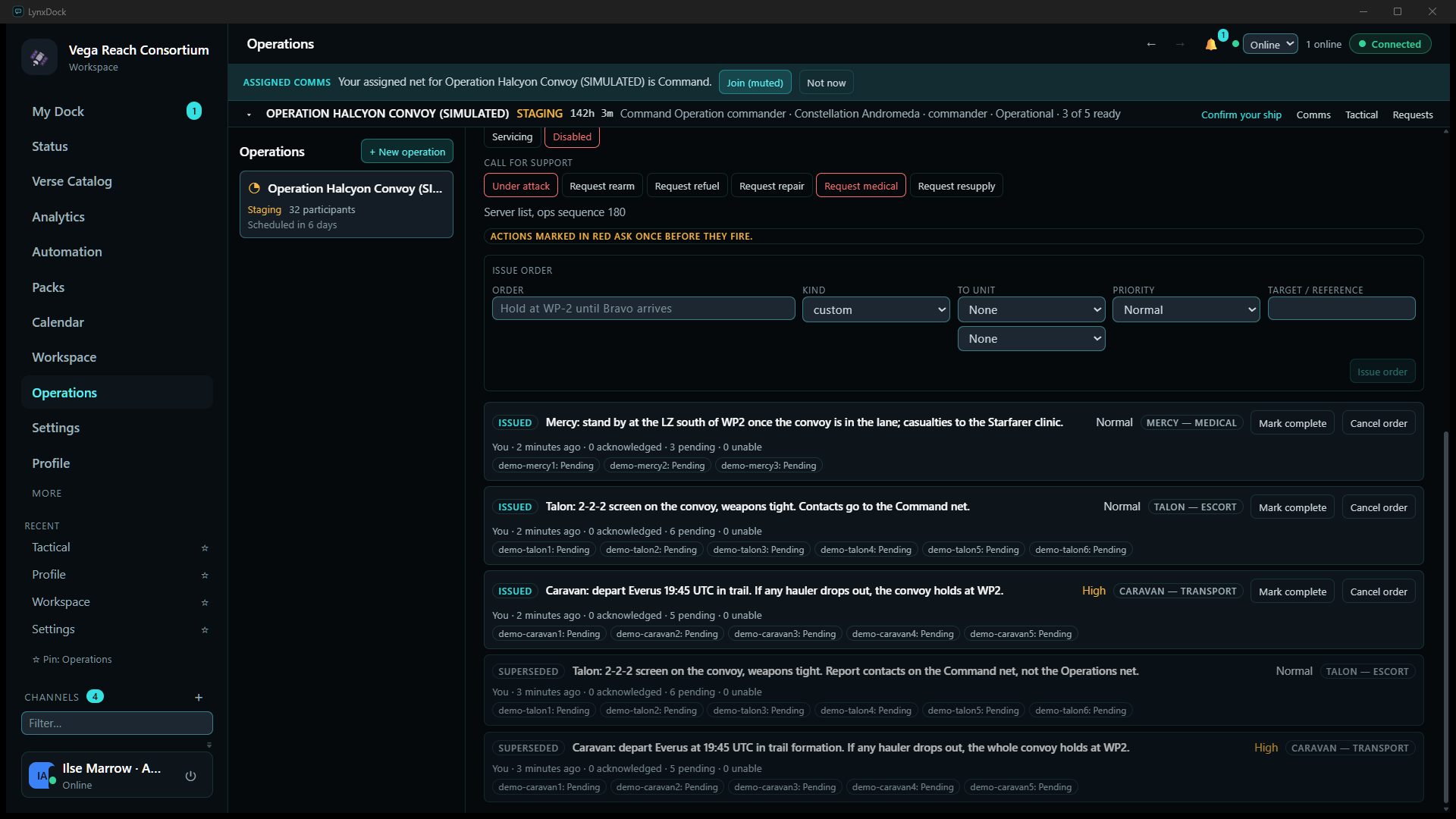 The Issue order form (Order, Kind, To unit, Priority, Target / reference, Issue order) and the issued orders below it: Mercy stand by (Normal), Talon 2-2-2 screen (Normal), Caravan depart Everus 19:45 UTC (High), each with pending receipt chips, plus two superseded earlier versions