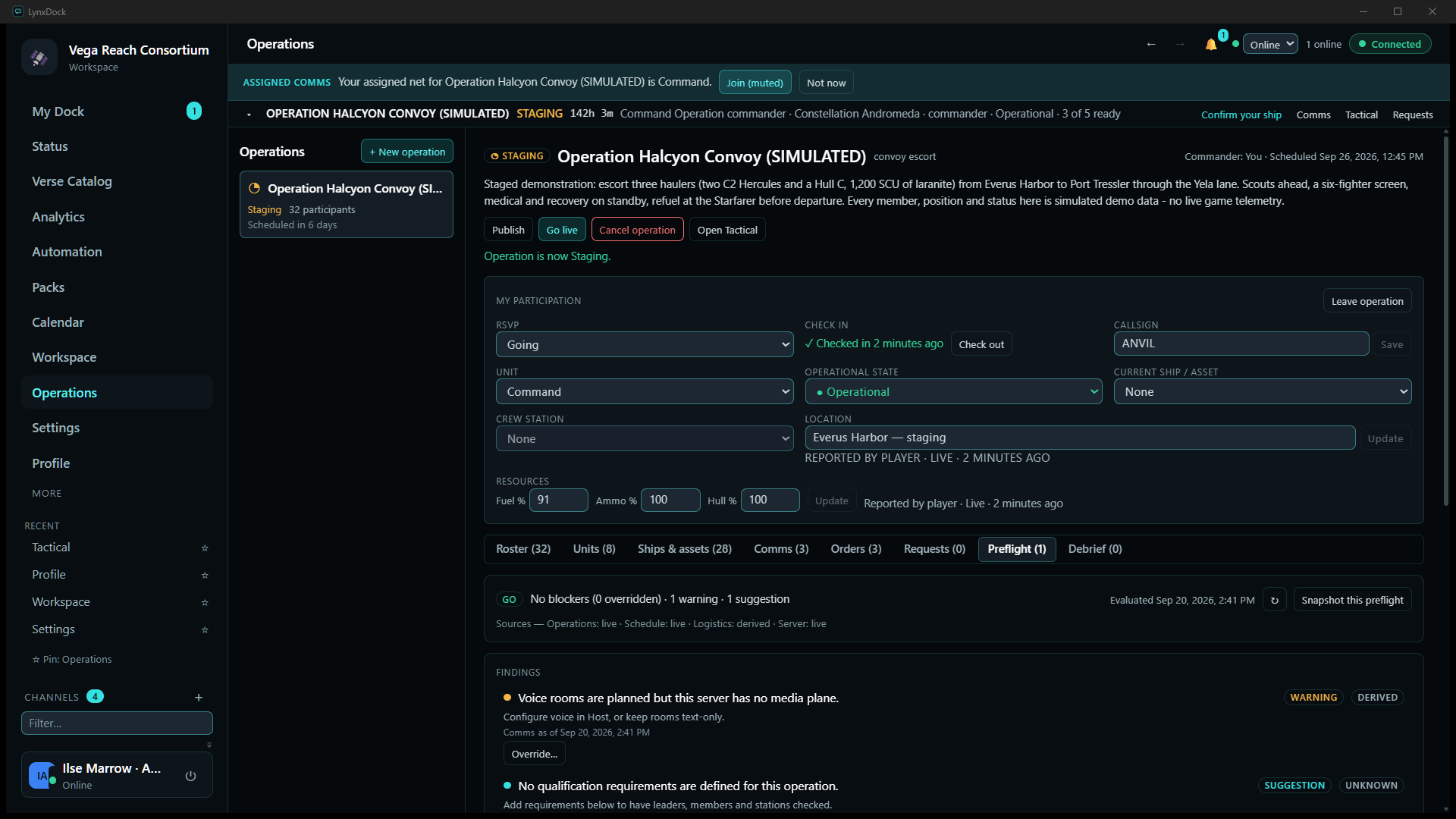 The Preflight tab: GO, no blockers, 1 warning, 1 suggestion, with the sources used; findings list a warning that voice rooms are planned but the server has no media plane (with Override…) and a suggestion that no qualification requirements are defined