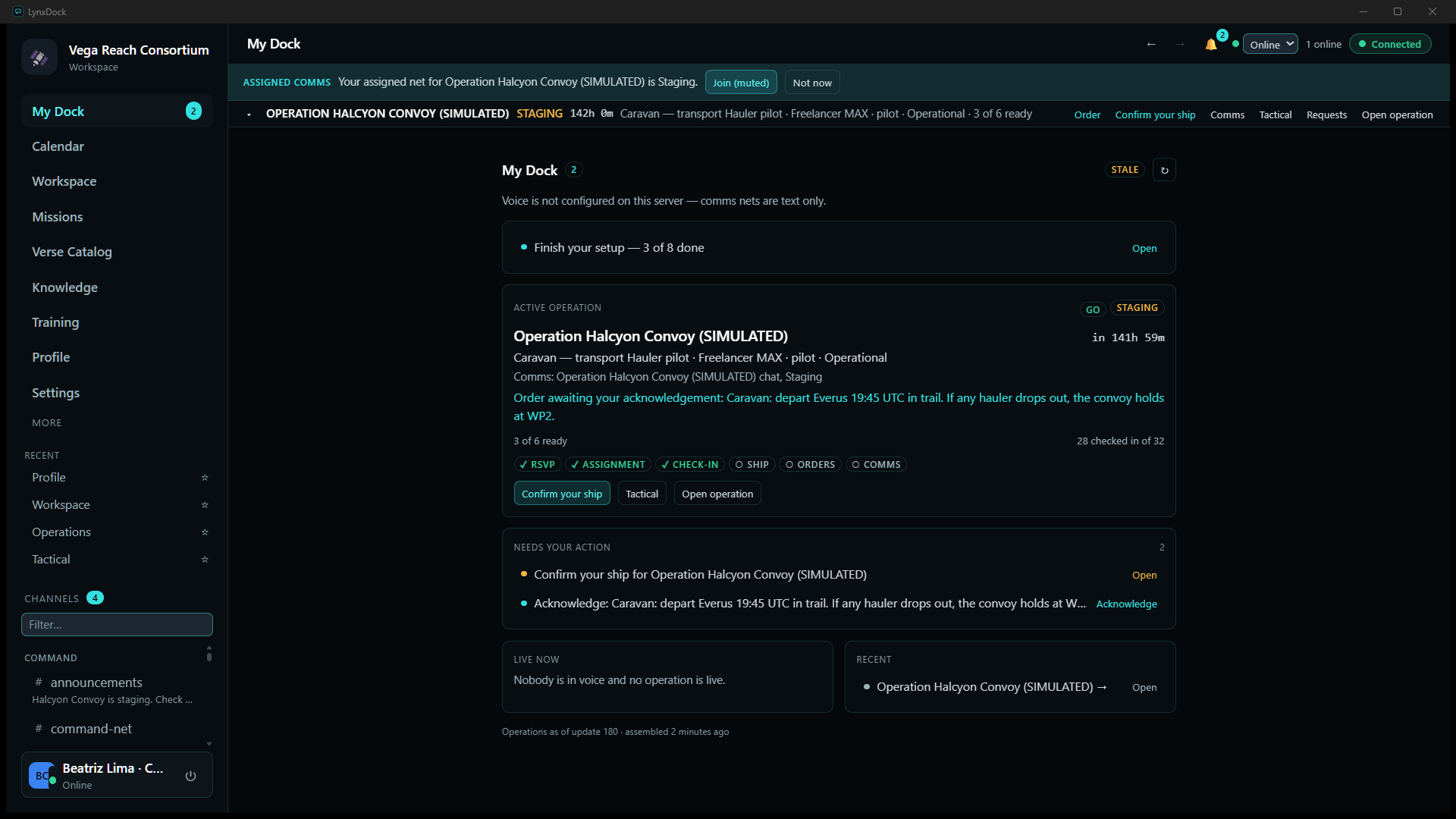 A member's My Dock during staging: the assigned-comms banner, the active operation card with readiness chips RSVP, ASSIGNMENT and CHECK-IN done and SHIP, ORDERS, COMMS open, the order awaiting acknowledgement, and Needs your action with Confirm your ship and Acknowledge