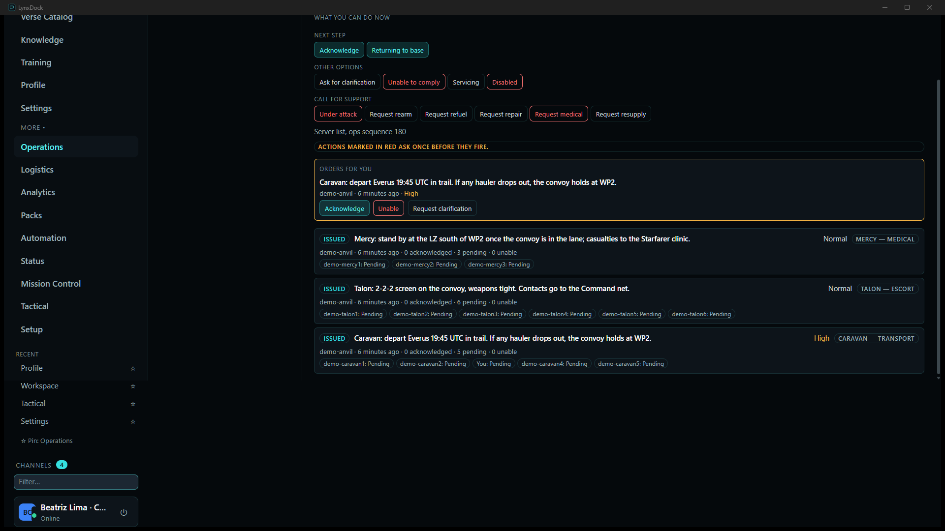 The member's Orders tab with the ORDERS FOR YOU box: the Caravan departure order from demo-anvil, High priority, with Acknowledge, Unable and Request clarification buttons, above the full order list