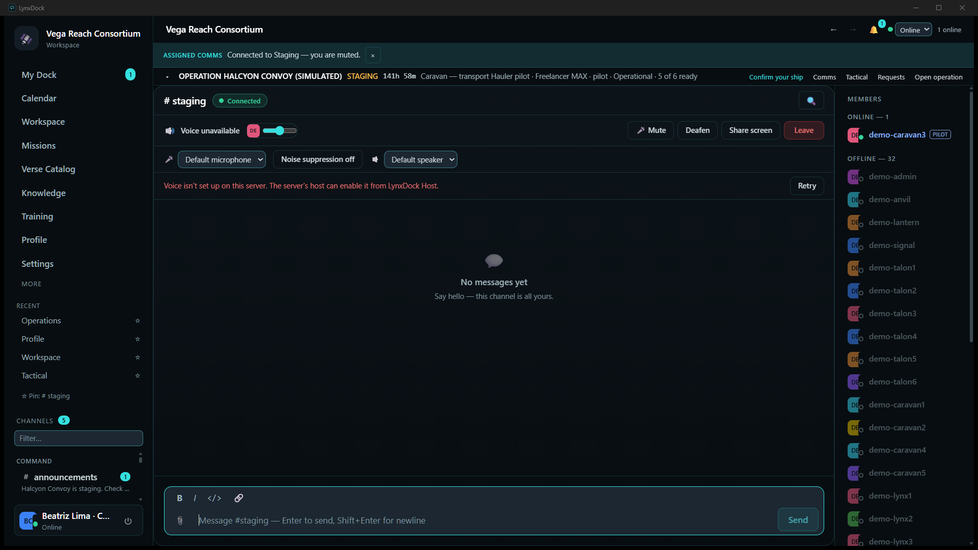 Inside the #staging net after Join (muted): a Connected chip, voice controls showing Voice unavailable, a red notice that voice isn't set up on this server, the member list with demo-caravan3 online and the message composer
