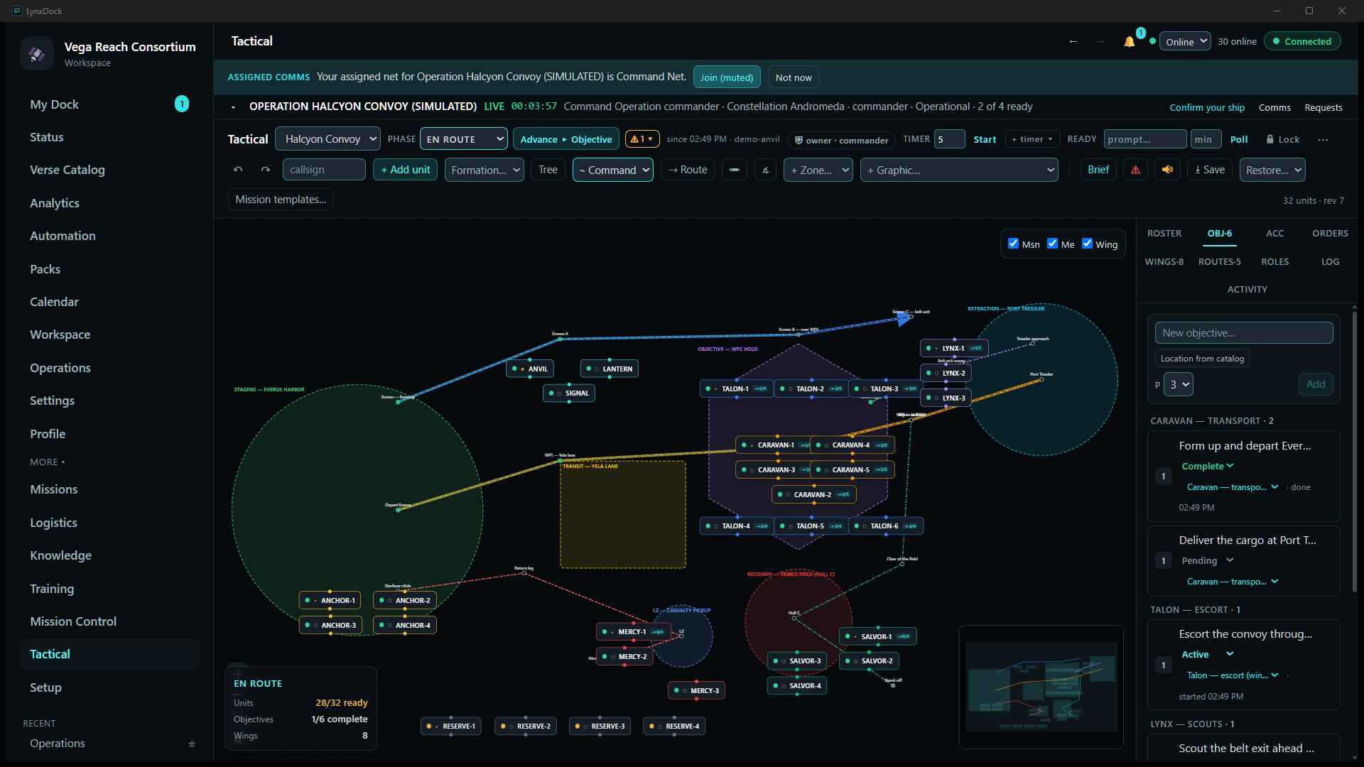 Squadron Control tactical board, live in the En route phase: the convoy of five haulers inside the WP2 objective area with a six-fighter escort screen in two rows, scouts ahead near Port Tressler, medical at the casualty LZ, recovery at the debris field, logistics at the staging harbour, colour-coded routes that do not cross, and the objectives panel open