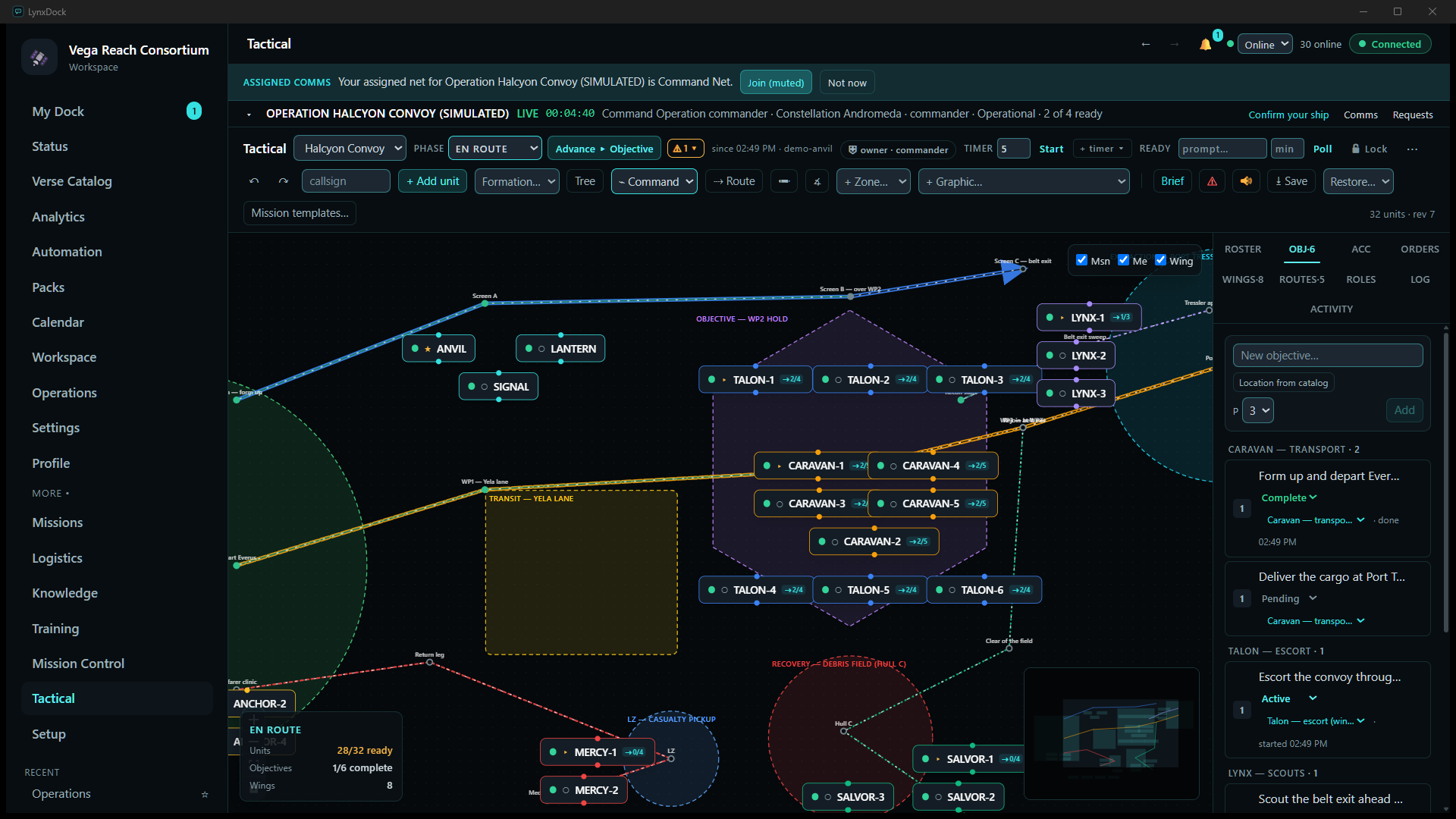 The board zoomed in on the objective area: the Talon cards above and below the five Caravan cards inside the WP2 hexagon, Lynx cards on the recon leg, waypoint labels readable