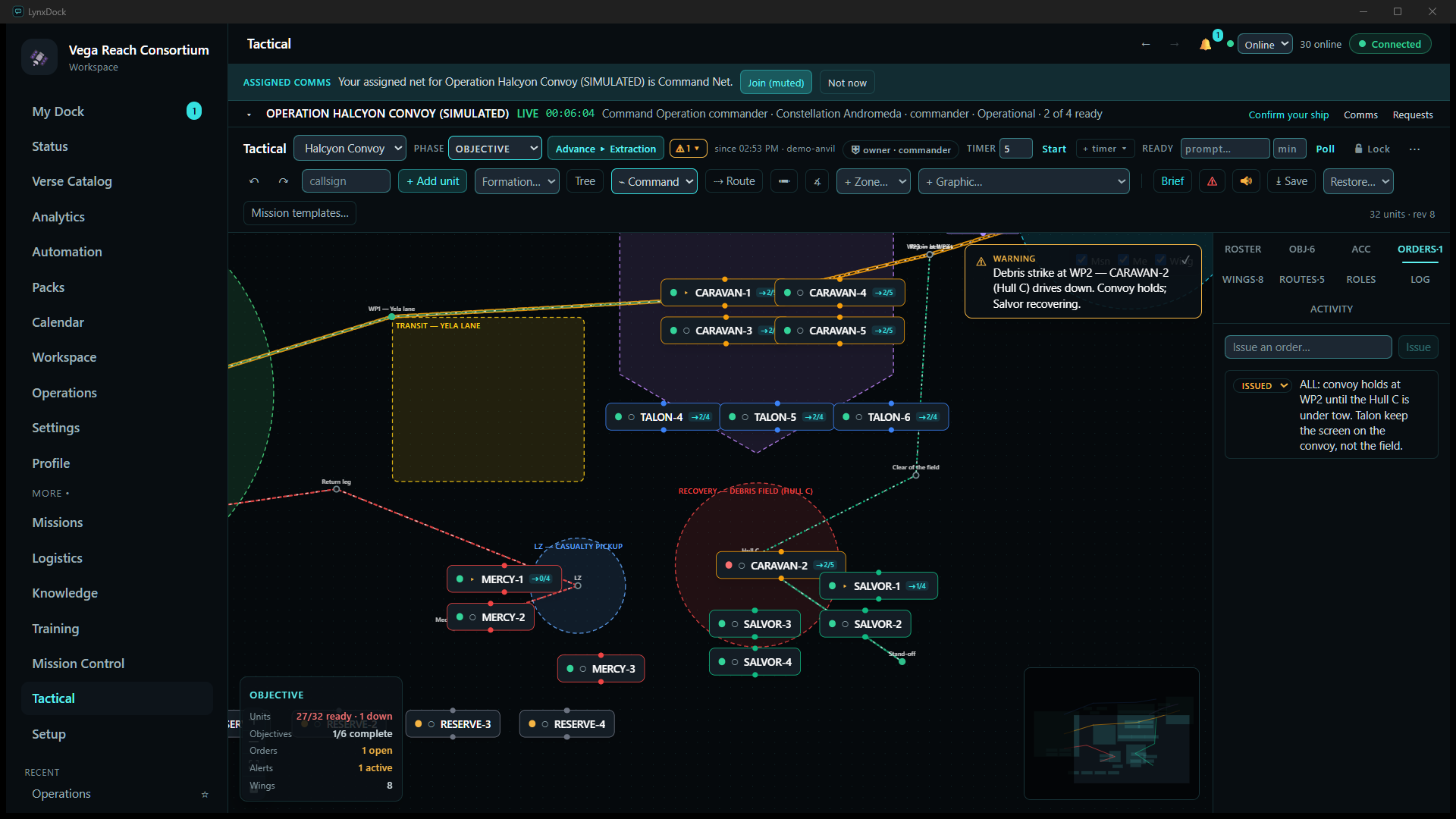 The board zoomed on the recovery area with the Orders panel open: a warning alert about a debris strike, the disabled hauler in the debris field beside the recovery ship, and the issued hold order