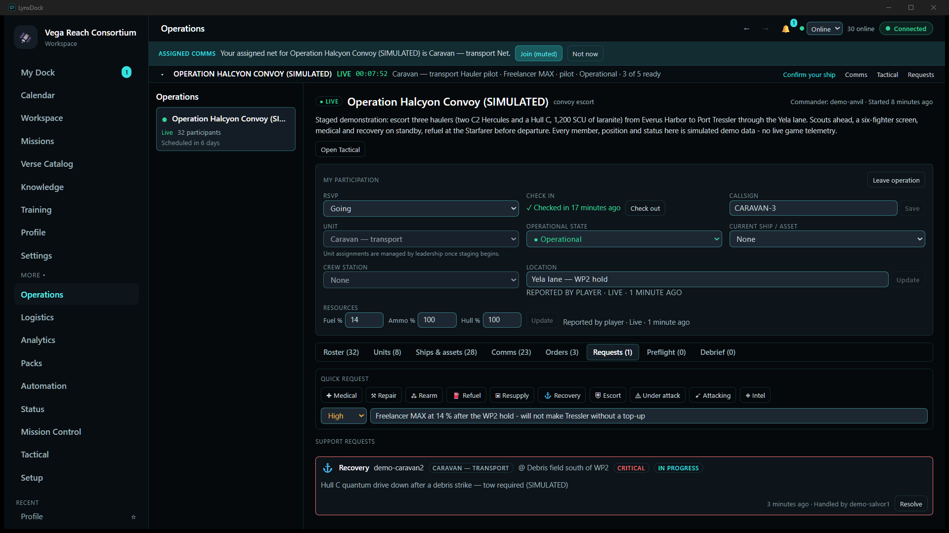 CARAVAN-3's Requests tab: fuel 14 % and location Yela lane — WP2 hold in My participation; the Quick request row with Medical, Repair, Rearm, Refuel, Resupply, Recovery, Escort, Under attack, Attacking and Intel, priority High and the typed note; below it the recovery request for the Hull C in progress