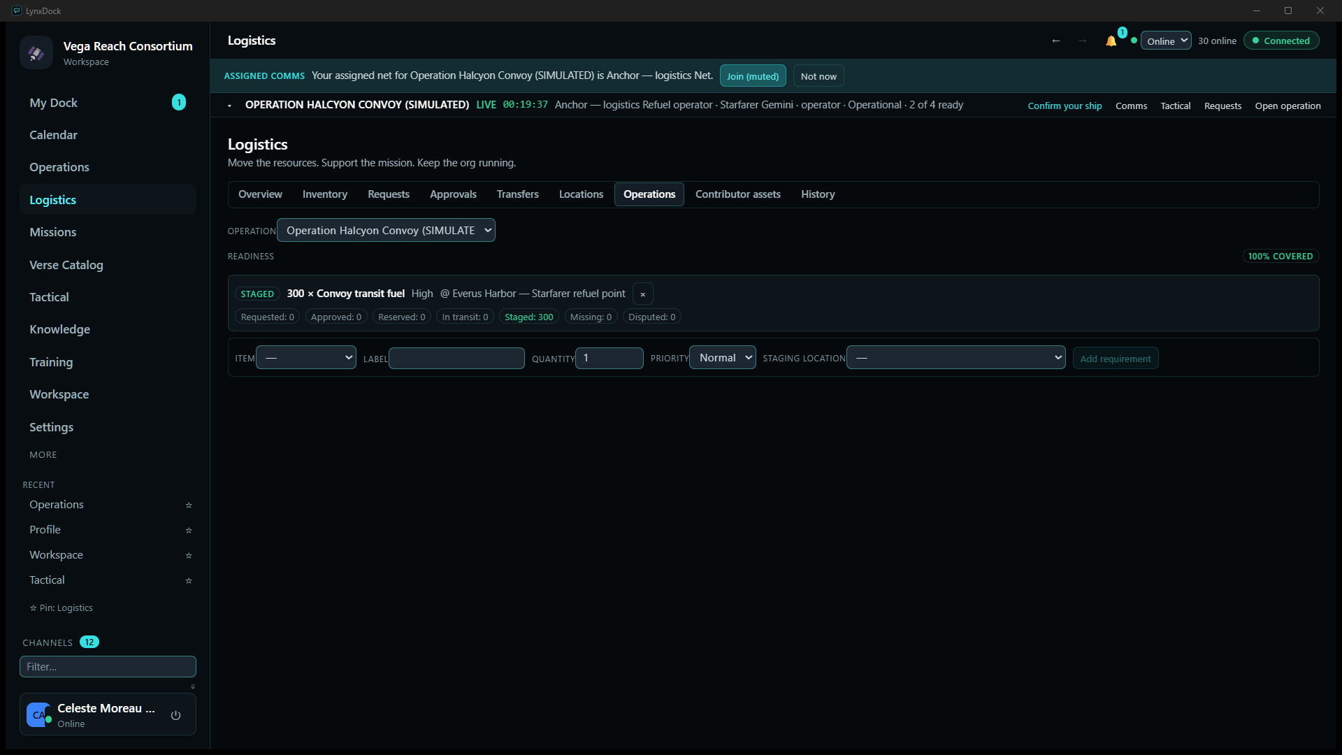 Logistics → Operations for Halcyon Convoy: readiness 100 % covered; the requirement STAGED 300 × Convoy transit fuel, High, at Everus Harbor — Starfarer refuel point, with Requested 0, Approved 0, Reserved 0, In transit 0, Staged 300, Missing 0, Disputed 0; and the Add requirement form