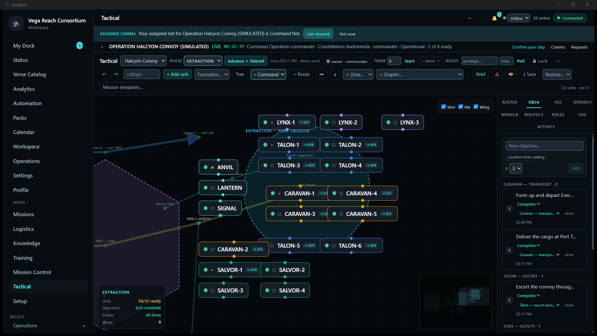Zoomed on the extraction circle: Lynx scouts on top, the Talon screen in two rows, the five Caravan haulers in the middle with 5/5 waypoint progress, Command beside them, CARAVAN-2 recovered and green, Salvor below