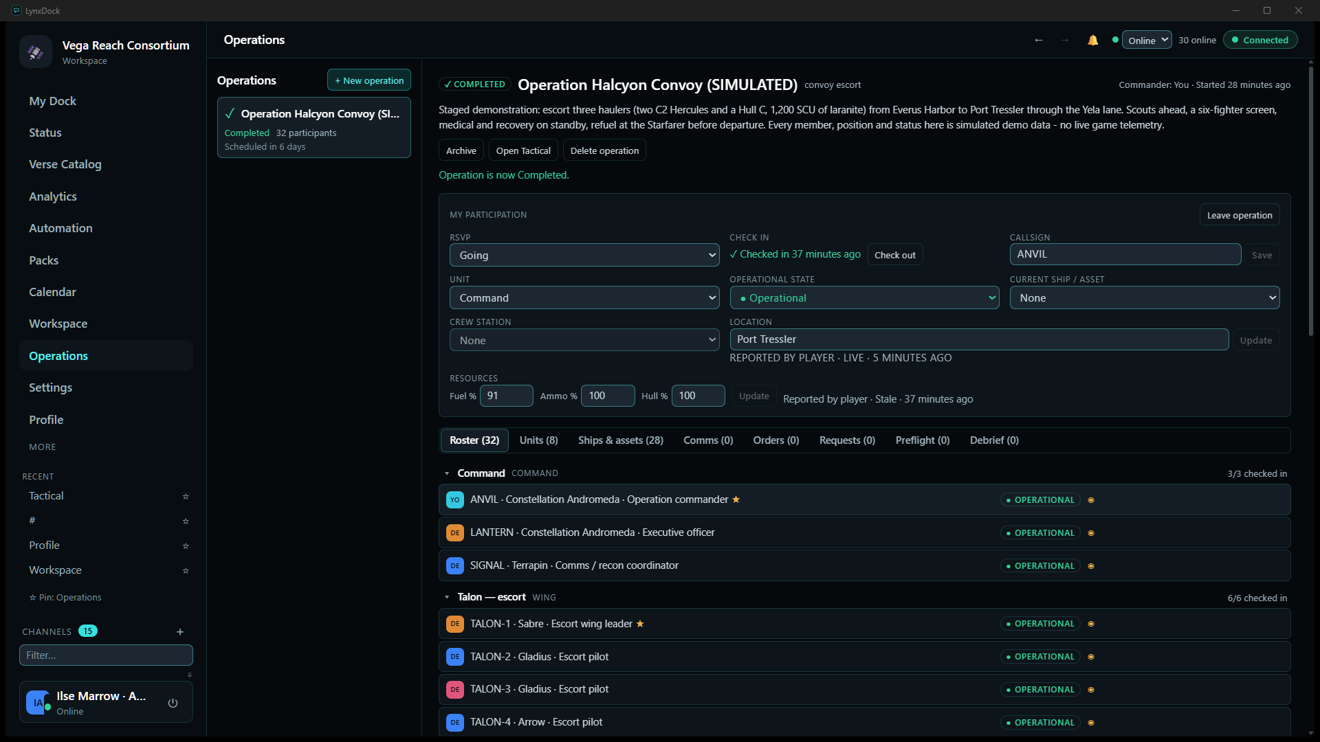 The operation COMPLETED with Archive / Open Tactical / Delete operation buttons, Operation is now Completed, and the tabs Comms (0), Orders (0), Requests (0)