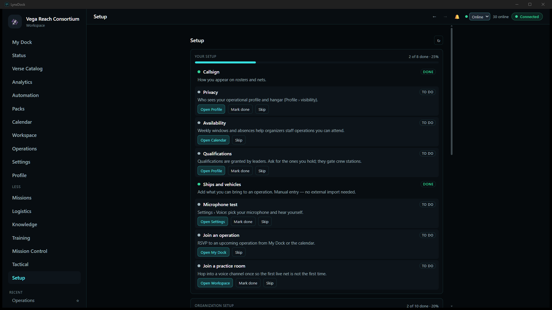 The Setup page listing per-member setup items: Callsign done, Privacy, Availability, Qualifications, Ships and vehicles done, Microphone test, Join an operation, Join a practice room — 2 of 8 done