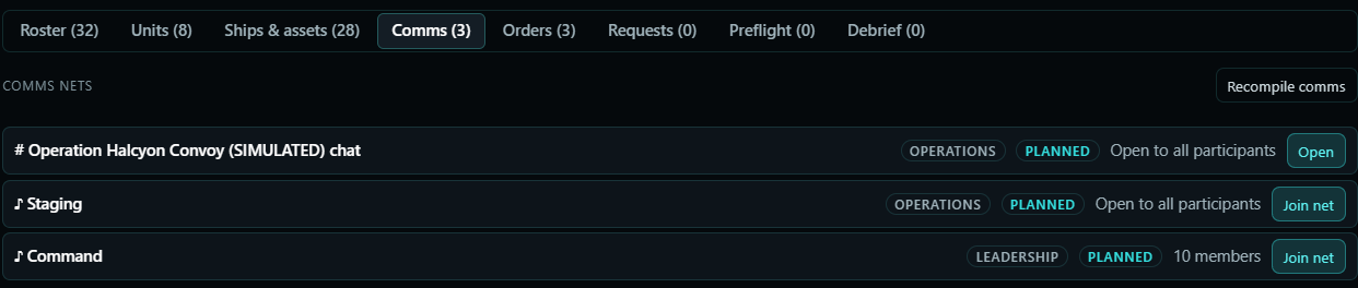 Close-up of the three comms nets with OPERATIONS / LEADERSHIP badges, PLANNED state and Open / Join net buttons